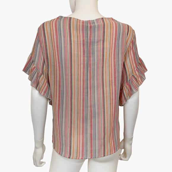 NWT DREW Red Rainbow Striped Ruffle Sleeve Blouse Top (Mutli Color | Size M) - Picture 2 of 6